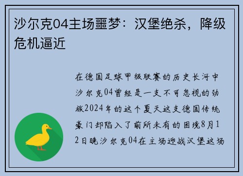 沙尔克04主场噩梦：汉堡绝杀，降级危机逼近