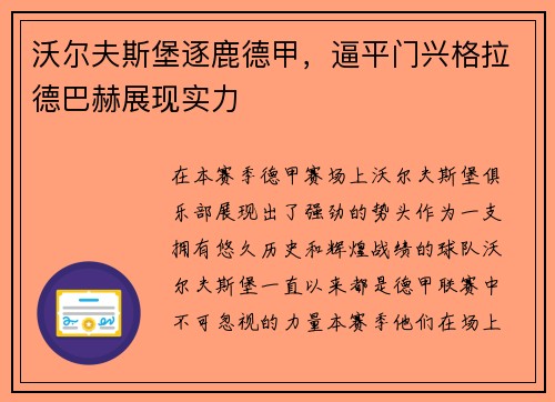 沃尔夫斯堡逐鹿德甲，逼平门兴格拉德巴赫展现实力