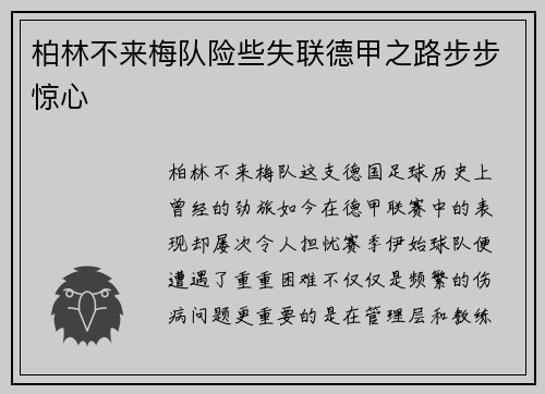 柏林不来梅队险些失联德甲之路步步惊心