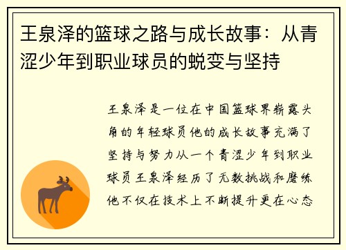 王泉泽的篮球之路与成长故事：从青涩少年到职业球员的蜕变与坚持