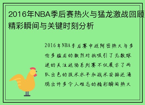 2016年NBA季后赛热火与猛龙激战回顾精彩瞬间与关键时刻分析