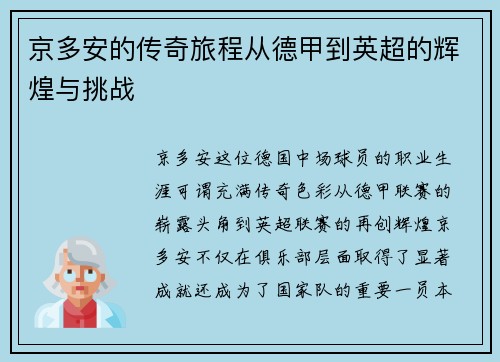 京多安的传奇旅程从德甲到英超的辉煌与挑战